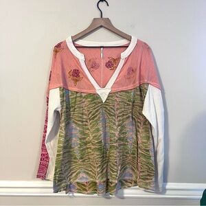 Free People Women’s Long Sleeve Patchwork Tee Top S Embroidered Flowers Boho
